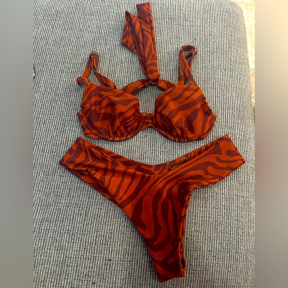 Skatie Orange and Brown Zebra-Print Bikini Set